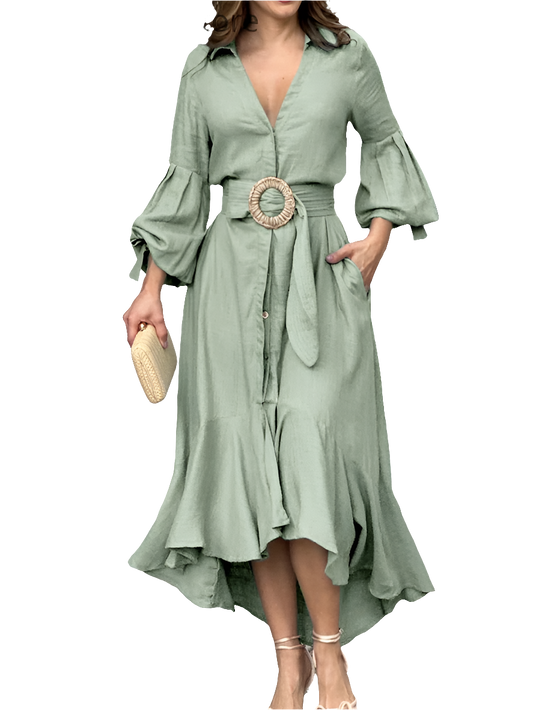 Ruffled Hem Lantern Long Sleeve Pocketed Design Belted Maxi Dress