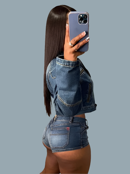 Denim Blue Washed Women's O-Neck Long Sleeve Panelled Cropped Zipper Jean Jacket + Mini Jean Shorts 2-Piece Set