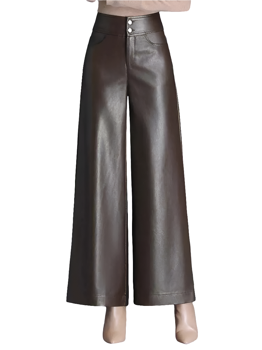 Designer Women's PU Leather Solid Color Wide Leg Pants