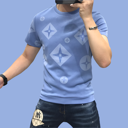 Men's Knitted Designer Monogram Star Print O-Neck Short Sleeve T-Shirt