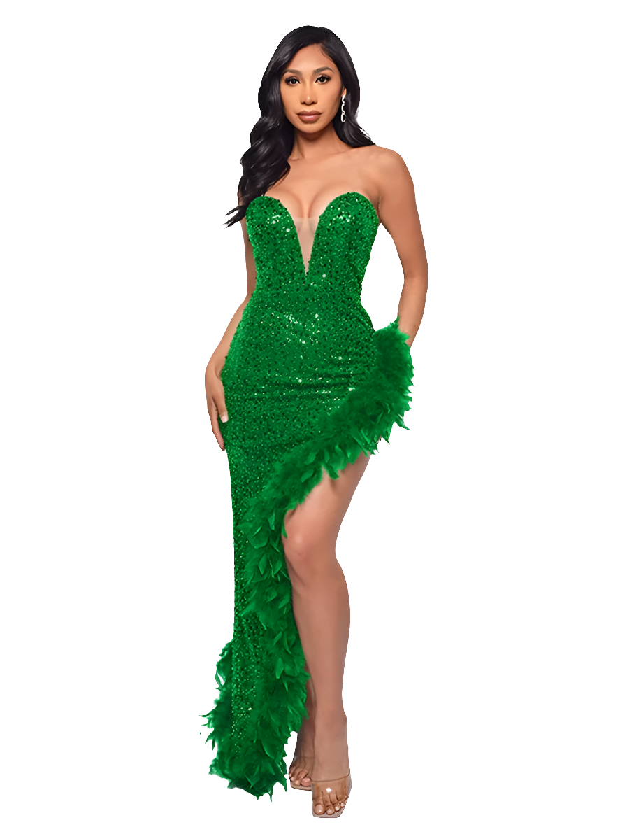 Tube Feather Hem Sparkling Crystal Sleeveless Backless High Side Slit Bodycon Formal Party/Prom Maxi Evening Dress