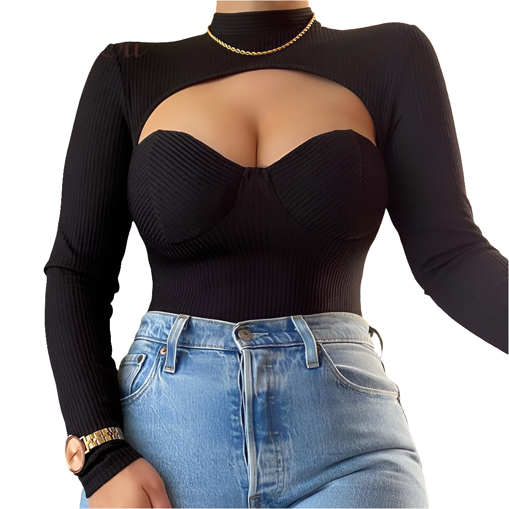 Hollow-Out Women's Solid Color Long Sleeve Crop Top