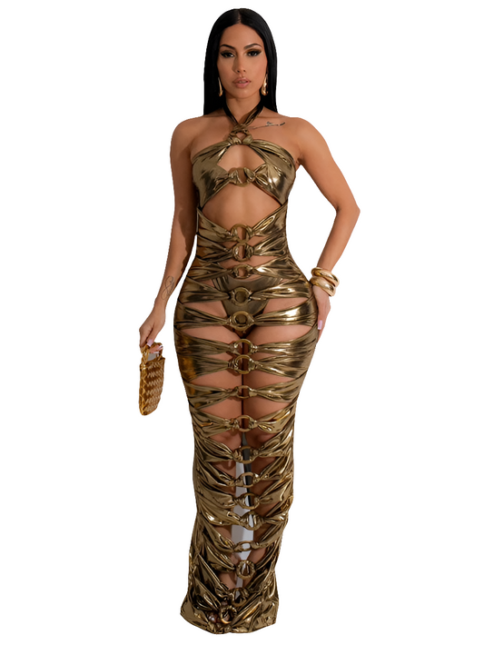 Faux Leather Hollow-Out Metal Ring Design Sleeveless Bodycon Maxi Party/Club Dress