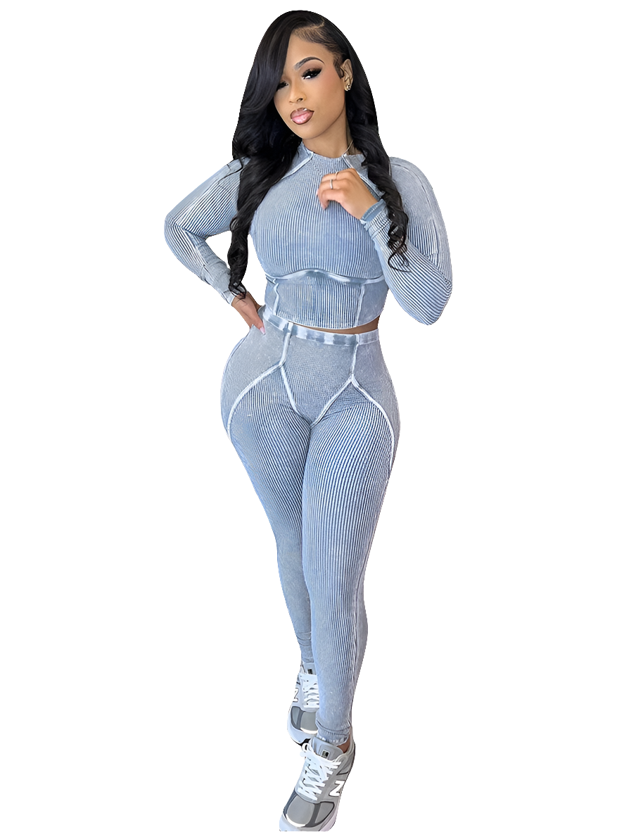 Fitness Knitted Ribbed O-Neck Streetwear Women's Long Sleeve Crop Top + Skinny Leggings Two 2-Piece Sets