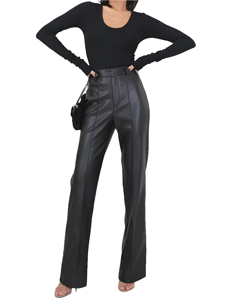 Black Soft Faux PU Leather High Waist Women's Trouser Pants