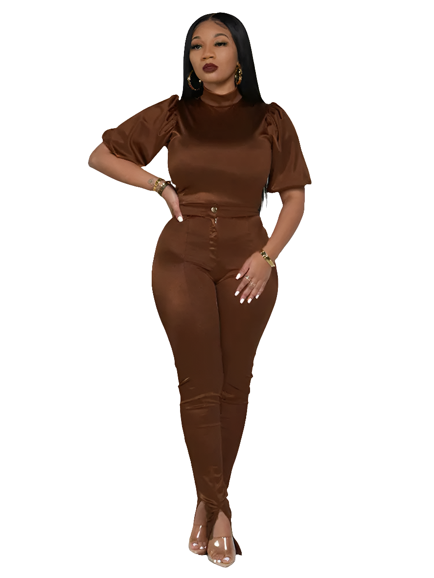 Satin Turtleneck Puff Short Sleeve Blouse + Split Hem Flared Pants 2-Piece Set