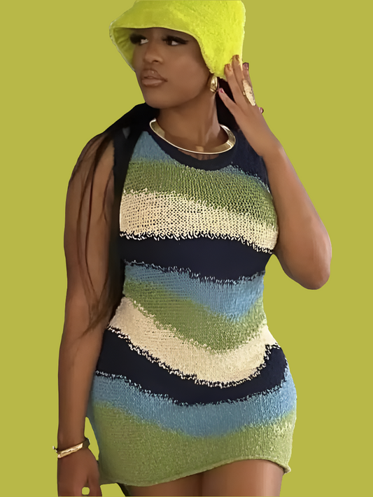 Knitted Sleeveless Striped Patchwork O-Neck Sleeveless Bodycon Sweater Dress