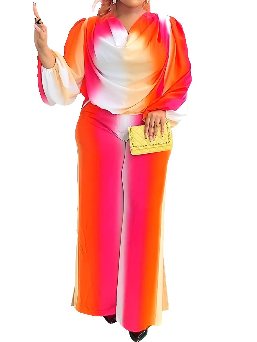 Rainbow Gradient Striped Colorblock Lantern Sleeve Top + Wide Leg Pants Women's Two-Piece Set to 3X Plus Size