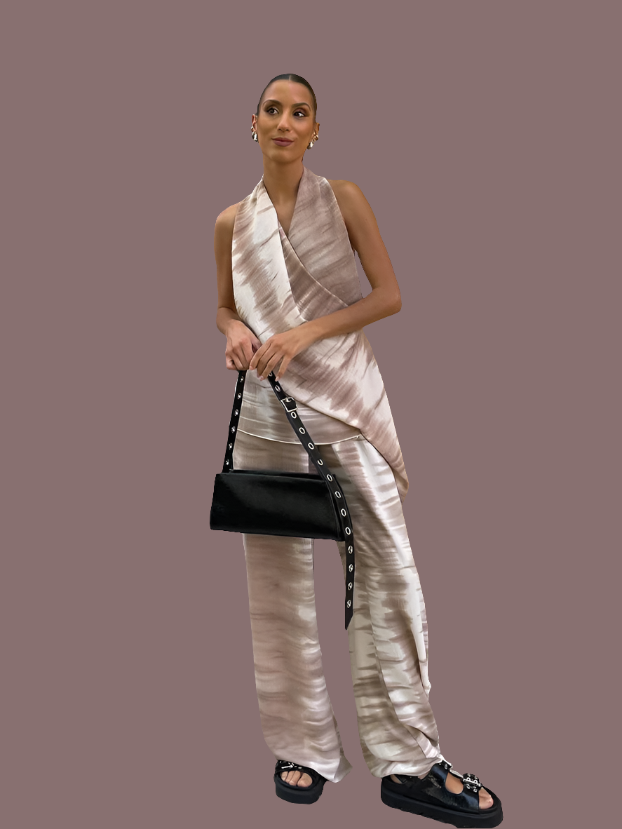 Tie-Dye Sleeveless Backless White/Brown Halter Top + Elastic Waist Women's Wide Leg Pants 2-Piece Set