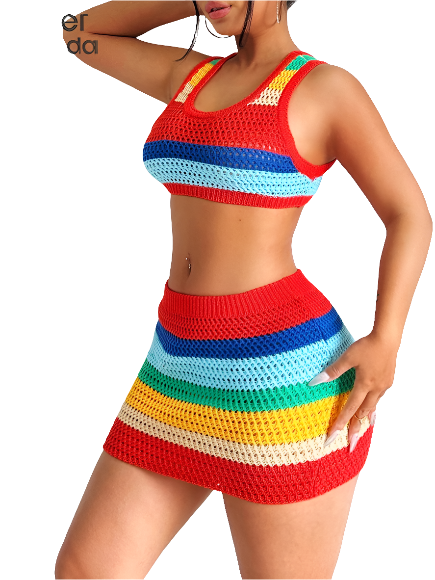 Rainbow Striped Colorblock Crochet Knitted Women’s Sleeveless Skinny Stretch Crop Tank Top+ Mini Hip Skirt 2-Piece Set