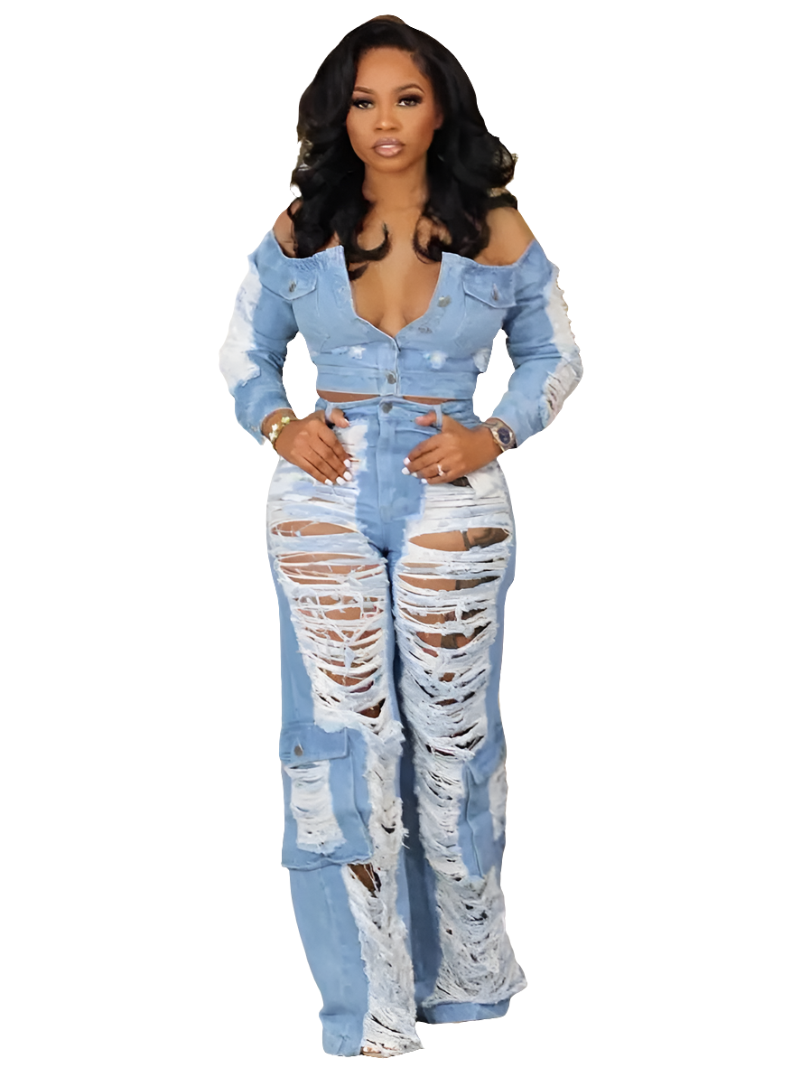 Denim Ripped Women's Hollow-Out Elastic Waist Jeans