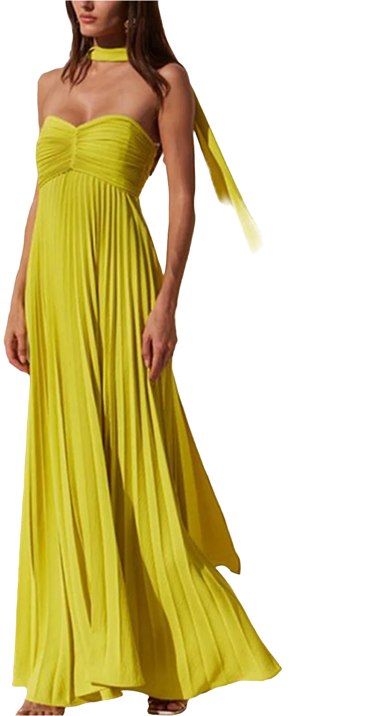 Yellow Strapless Ribbon Sweep Train Design Sleeveless Backless Pleated Party/Prom Formal Tube Dress