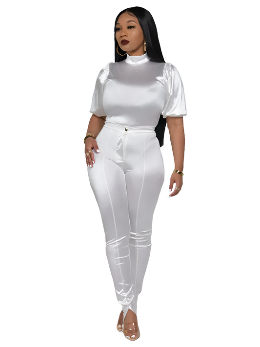 Satin Turtleneck Puff Short Sleeve Blouse + Split Hem Flared Pants 2-Piece Set