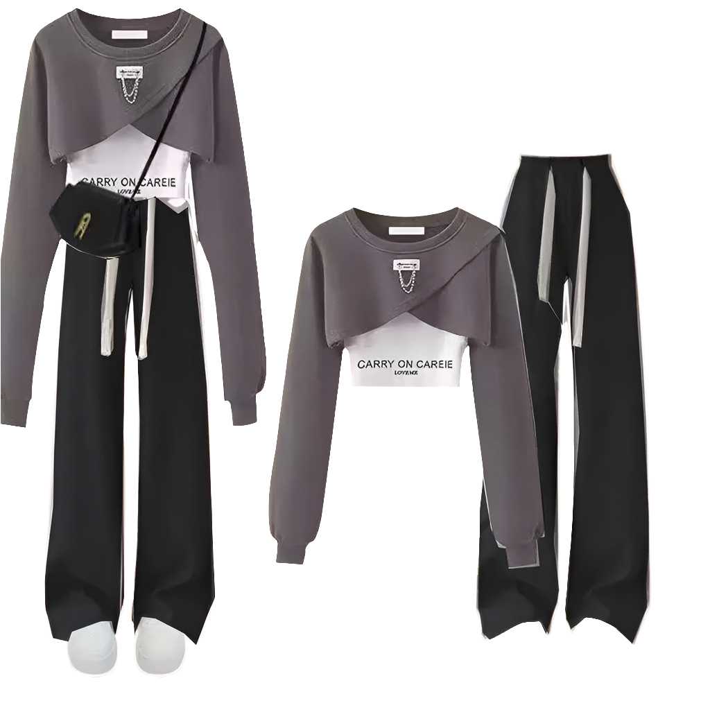Cropped Solid Color Criss-Cross Long Sleeve Women's Sweater + T-Shirt + Baggy Muti-Pocket Streetwear Cargo Pants 3-Piece Set