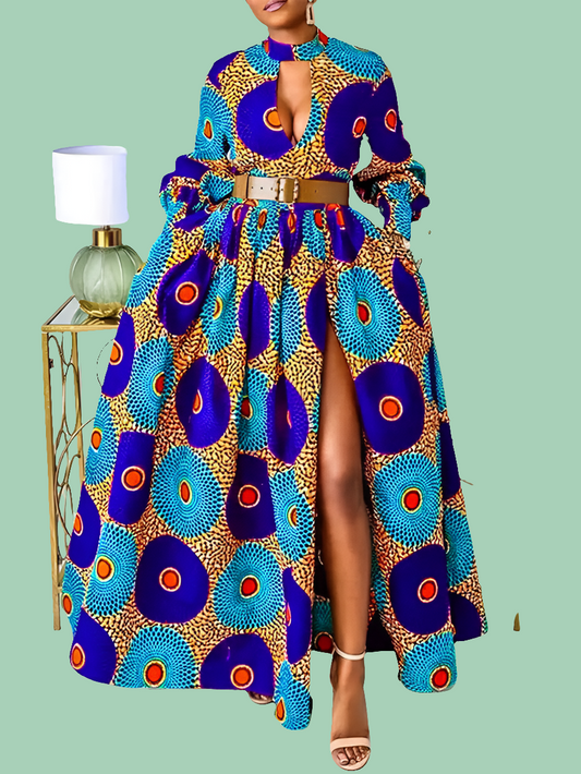 African Floral Print V-Neck Hollow-Out Long Sleeve High Slit Maxi Sundress to 5X Plus Size