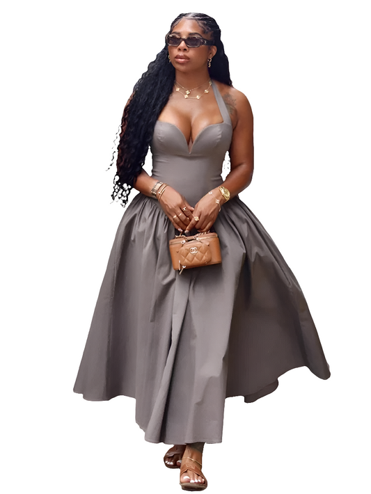 Sleeveless Grey Strapless Skinny Halter Strap Solid Flared Floor-Length Evening Maxi Dress
