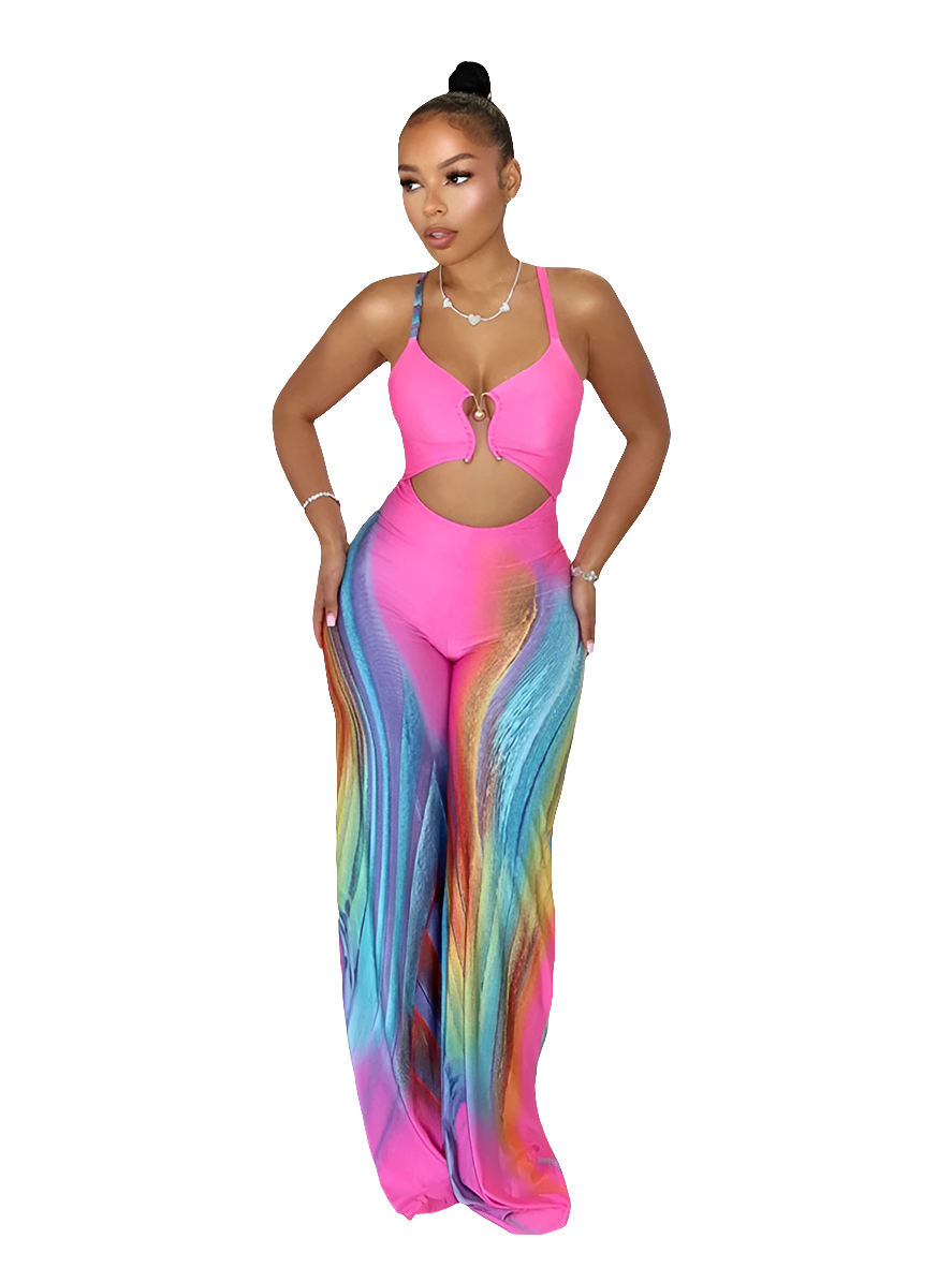 Hot Pink Colorblock Gradient Swirl Print Hollow-Out Sleeveless Jumpsuit