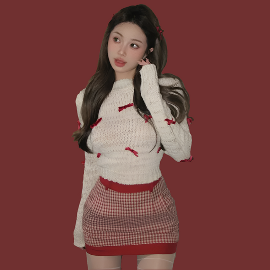 Red Bow Detail Women's Knitted Sweater + Houndstooth Plaid Mini Skirt 2-Piece Sweater Set