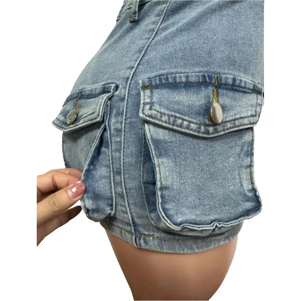 Denim Strapless Tube Top Bodycon Multi-Pocket Sleeveless Skinny Cargo Jean Shorts Romper