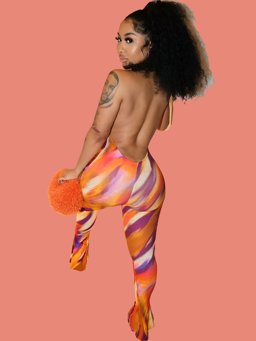 Geometric Swirl Print Panelled Women's Halter Bandage Backless Sleeveless Jumpsuit