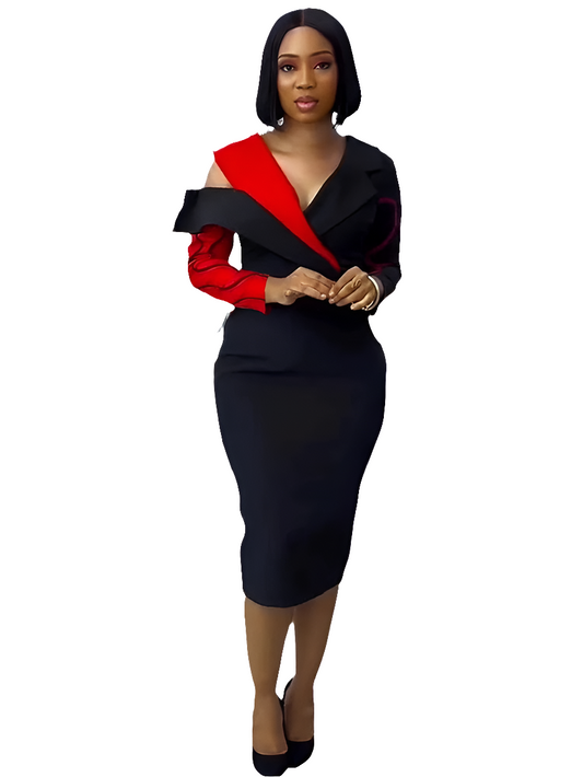 Black/Red Colorblock Patchwork V-Neck Bodycon Midi Dress