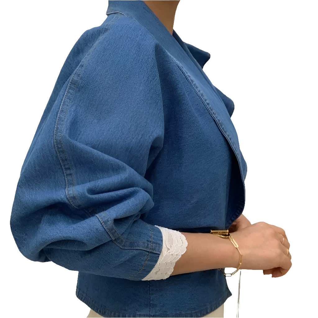 Denim Layered Ruffled Cropped Irregular Women's Turn-Down Collar Puff Sleeve Jean Blazer