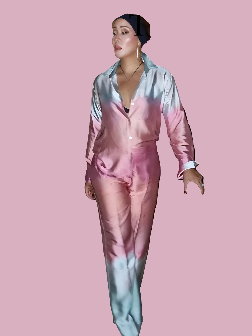 Colorblock Gradient Turn-Down Collar Women's Blouse + Wide Leg Pants 2-Piece Set