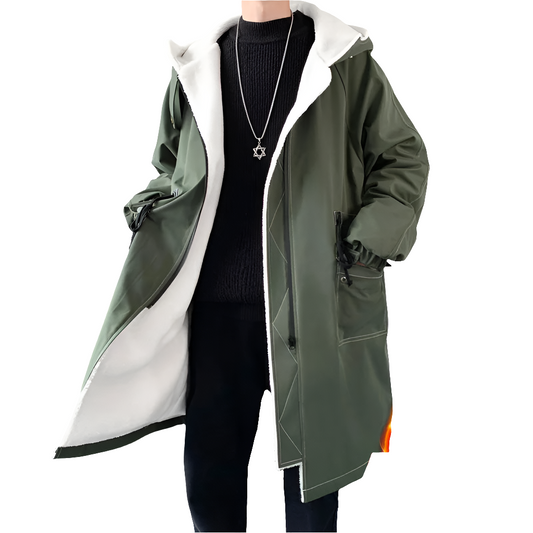 Men's Pocketed Zipper Design Fleece Lamb Wool Midi Windbreaker Hoodie Coat