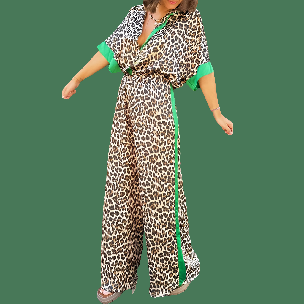 Leopard Colorblock Striped Women's Blouse + Loose Side Striped Elastic Waist Pants 2-Piece Set to 3X Plus Size