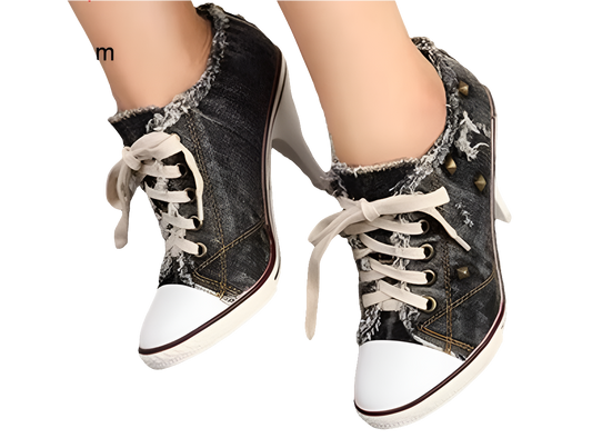 Canvas Denim Rivet Stiletto Lace-Up High Heel Ankle Boots