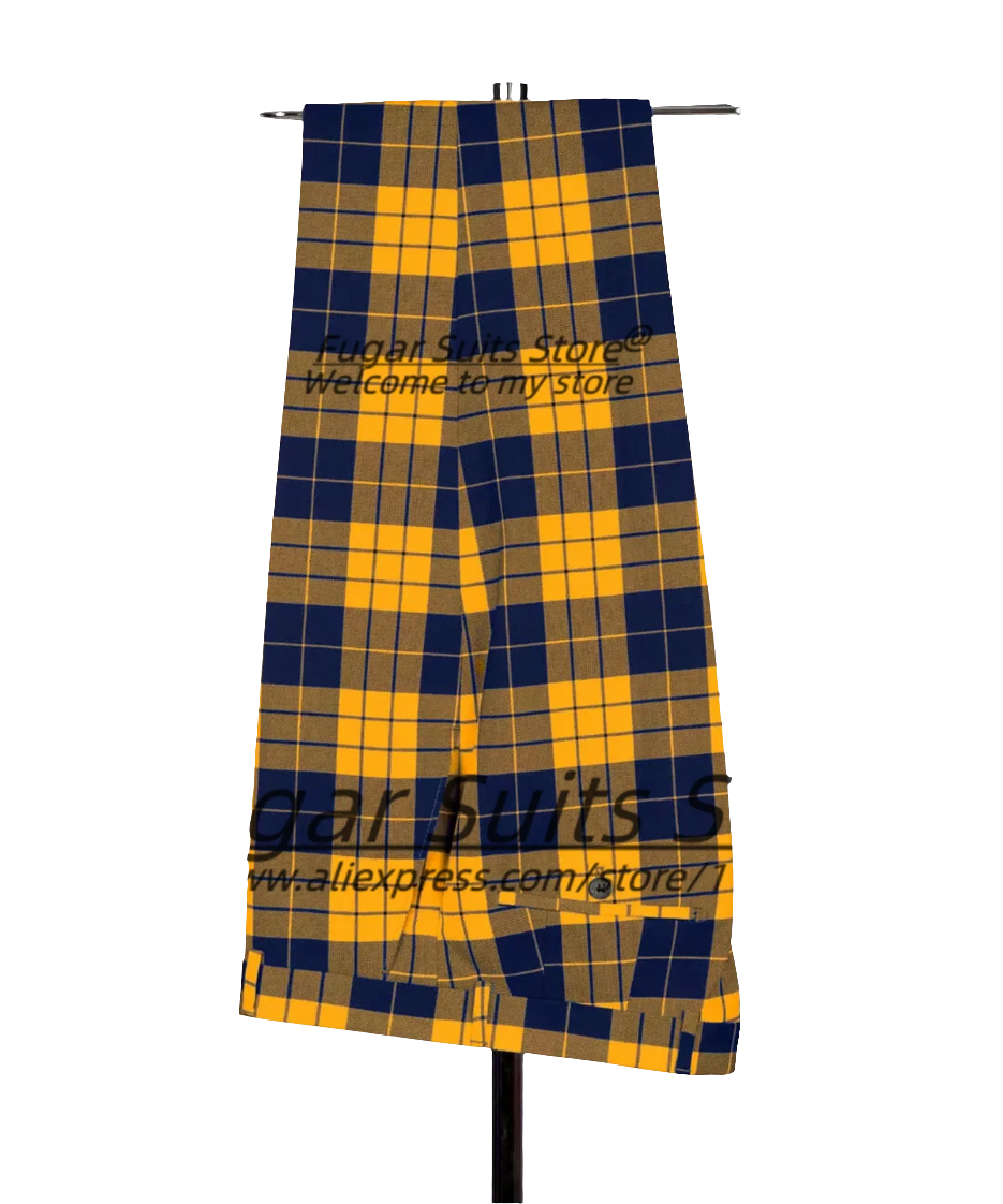 Men's British Plaid Gold Button Detail Double Breasted Tuxedo Blazer Jacket + Pants Formal Prom/Party/Wedding Suit