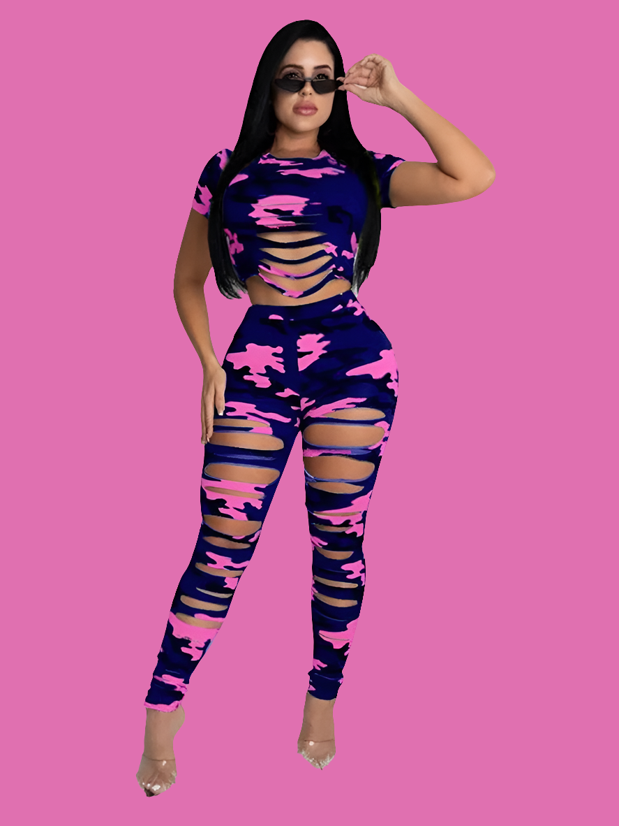 Camouflage Ripped Hollow-Out Short Sleeve Women's Top + Skinny Leggings 2-Piece Set