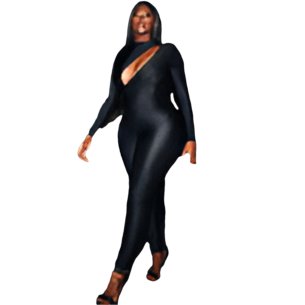 Black Cut-Out Design Long Sleeve Women's Skin Tight Jumpsuit