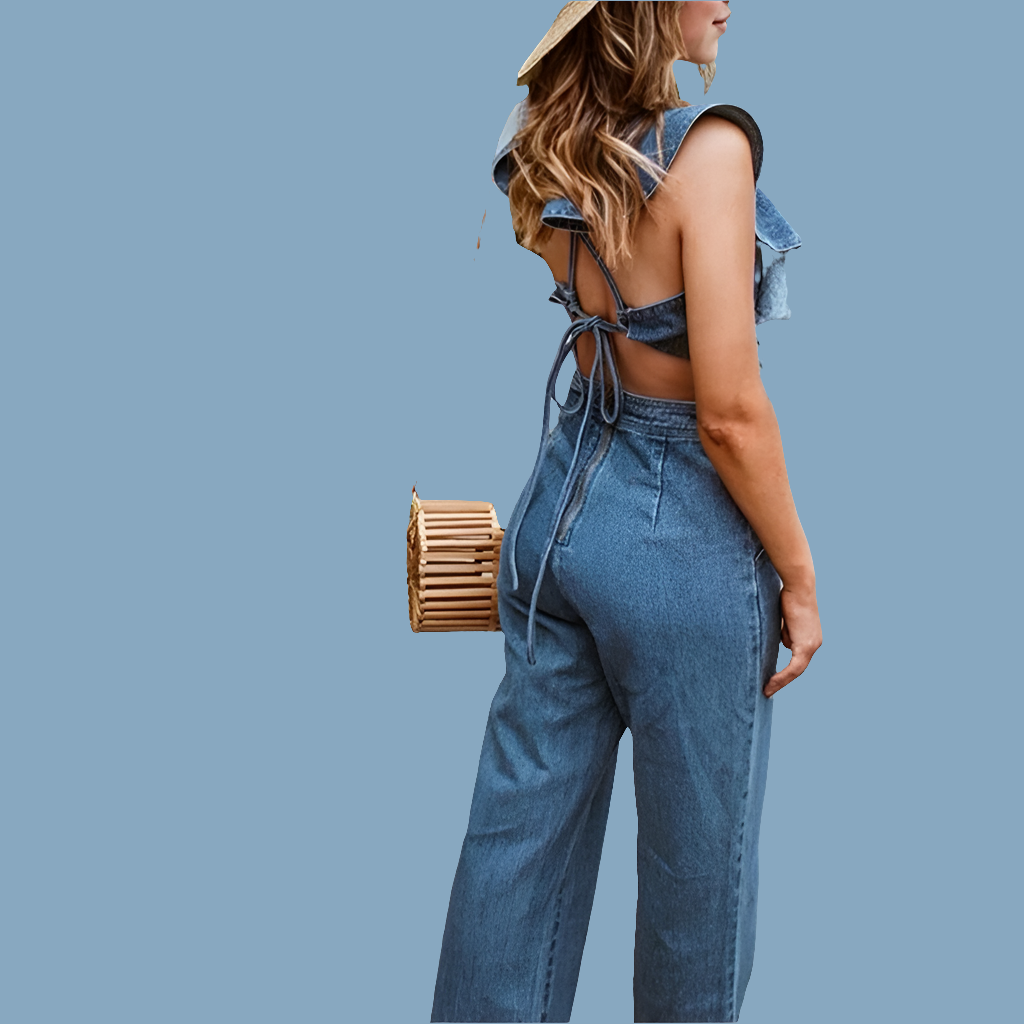 Sleeveless Blue Criss-Cross Back Strap Design Women's Ruffled Backless Denim Jean Jumpsuit