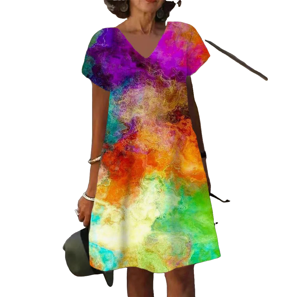 Abstract V-Neck Tie-Dye Rainbow Gradient Colorblock Splash Ink Paint Print A-Line Midi Dress to 6X Plus Size