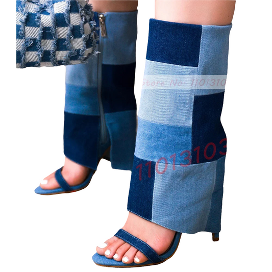 Colorblock Checker Print Open Toe Foldover Women's Slouch Thin Stiletto Heel Knee High Zipper Denim Sandal Boots