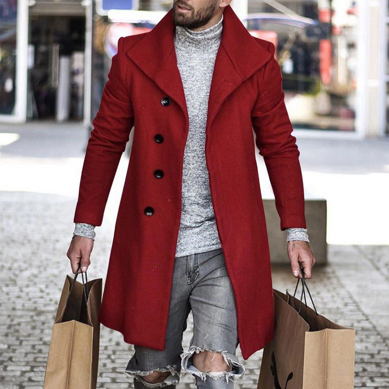 Men's Plaid/Solid Color Turn-Down Collar Button-Up 3/4 Length Pea Coats