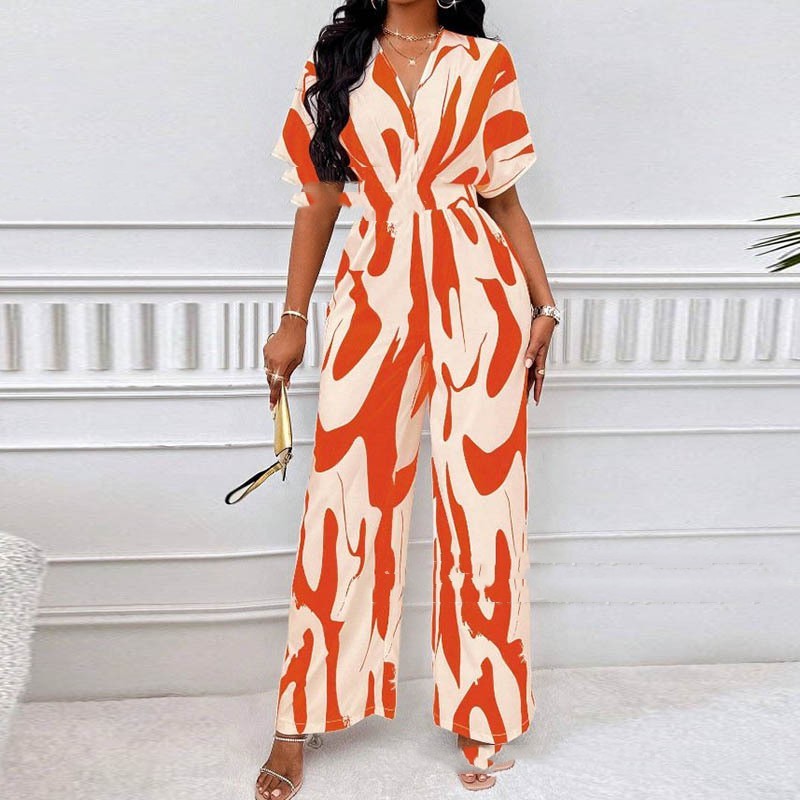 Geometric Swirl Print Short Sleeve Deep V-Neck Loose Women's Jumpsuit to 5X Plus Size