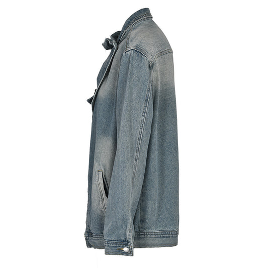 Washed Faded Denim Diagnol Irregular Design Women's Loose Jean Jacket
