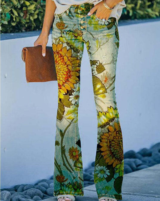 Flower Garden/Sunflower/Butterfly Print Women's Bootcut Skinny Jeans