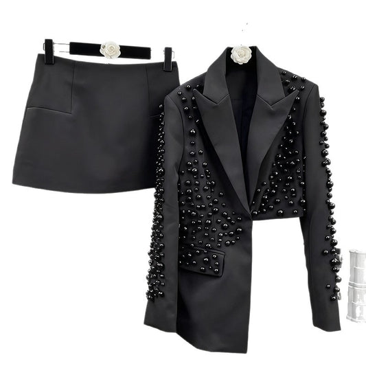Irregular Hot Drill Pearl Embellished High/Low Deep V-Neck Beaded Blazer Jacket + Mini Skirt Women's Suit