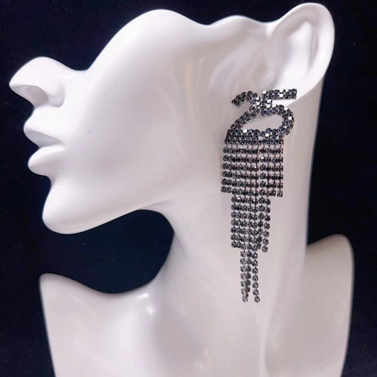 Hanging "2025" Crystal Rhinestone Tassel Pendant Copper Inlaid Earrings