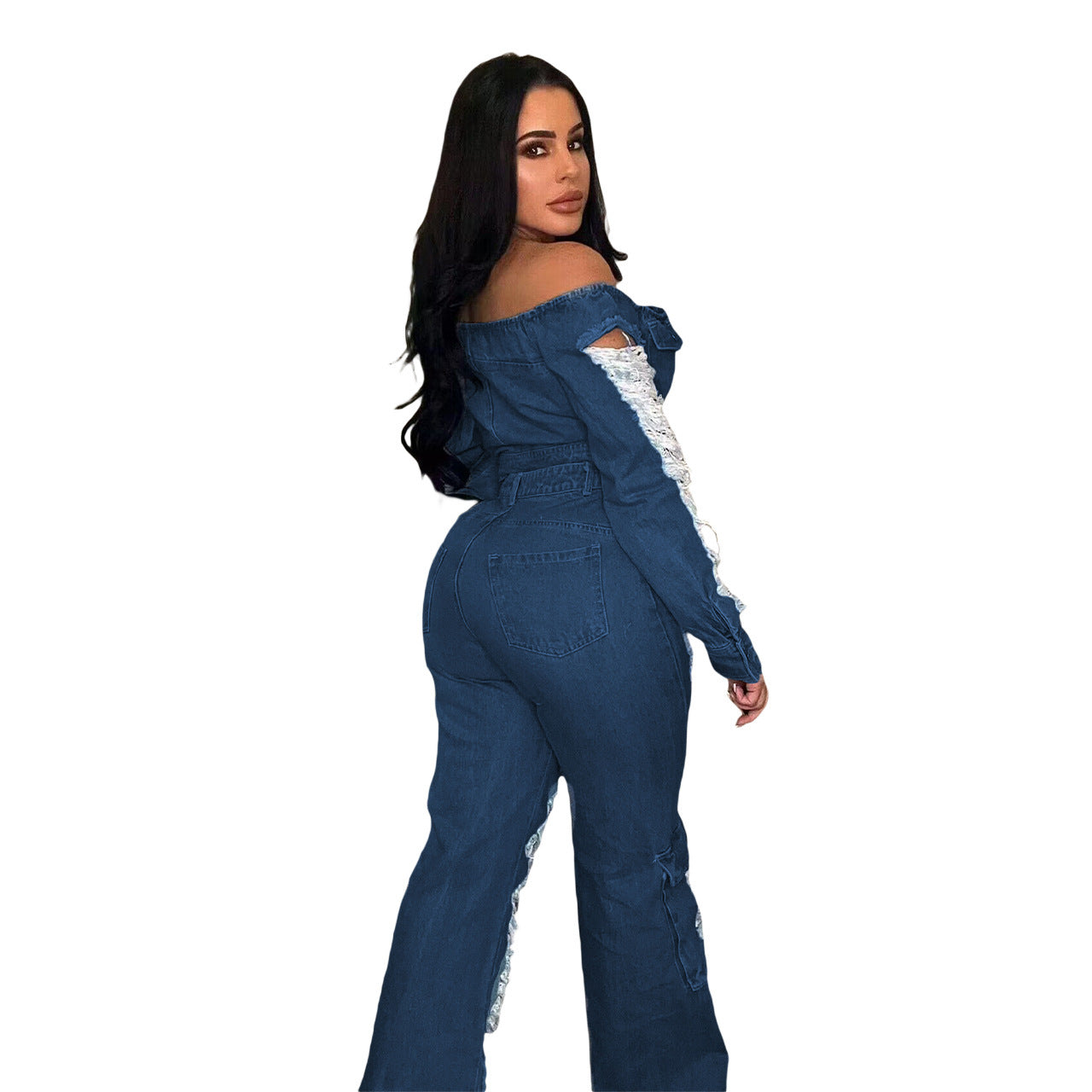 Denim Button-Up Double Pocket Crop Jean Shirt + Off-the-Shoulder Hollow-Out Ripped Fringe Cargo Jeans Women's 2-Piece Set