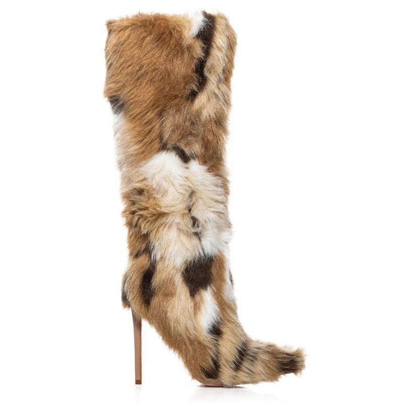 Faux Fur Colorblock Brown/White/Black Faux Fur Pattern Stiletto Heel Women's Knee-High Boots
