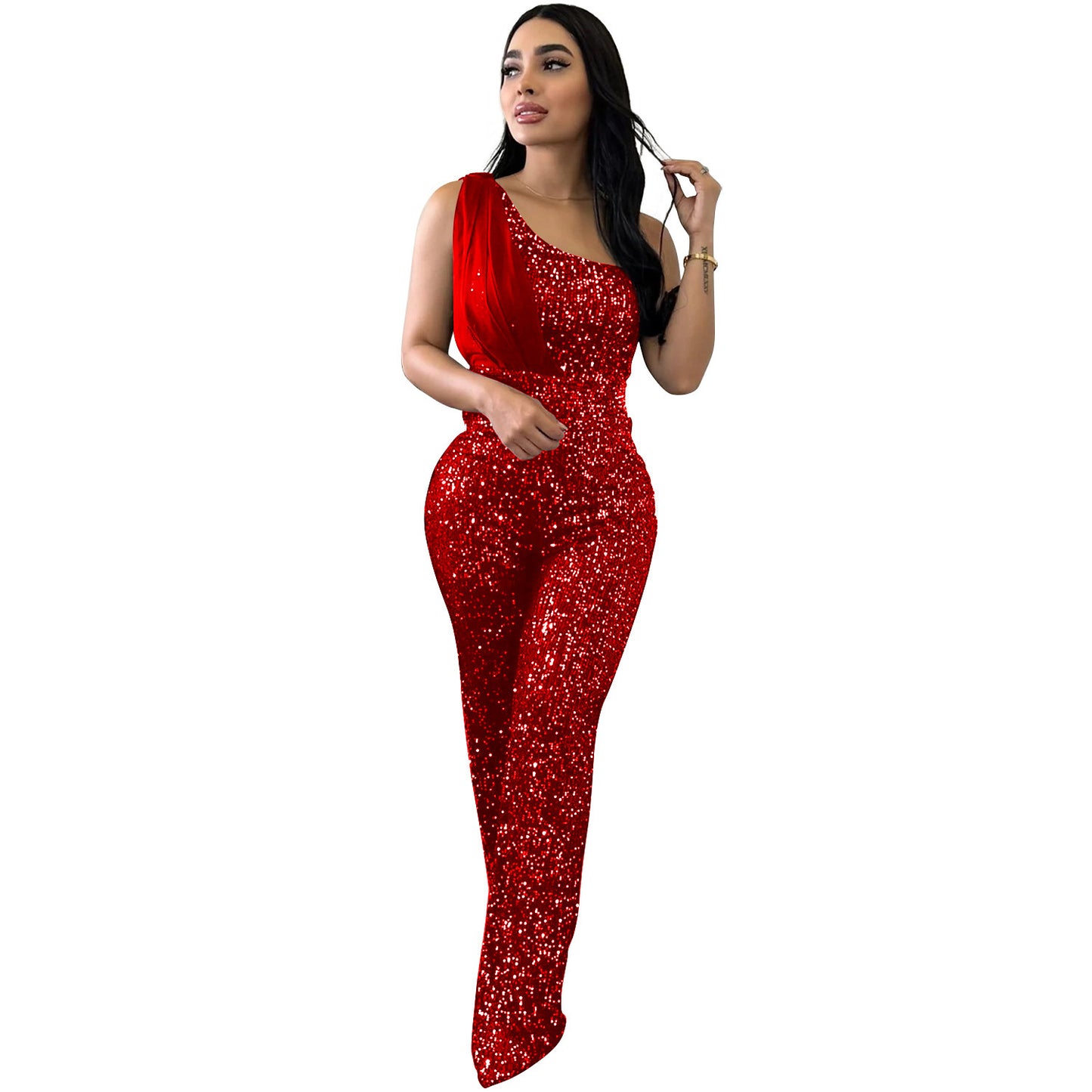 Sequin Glitter Asymmetrical Women's Solid Color Sleeveless One Shoulder Jumpsuit