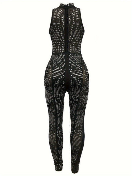 Black Metallic Rhinestone Hollow-Out Mesh Hot Drill Sleeveless Skin Tight Women'S Jumpsuit