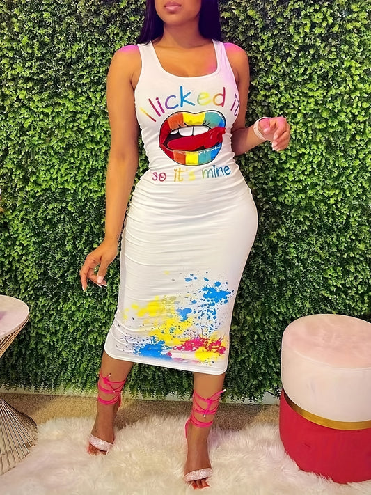 Paint Splatter Lip Print "I Licked It So It's Mine"/Rainbow Abstract Face Print Sleeveless O-Neck Bodycon Midi Tank Dress