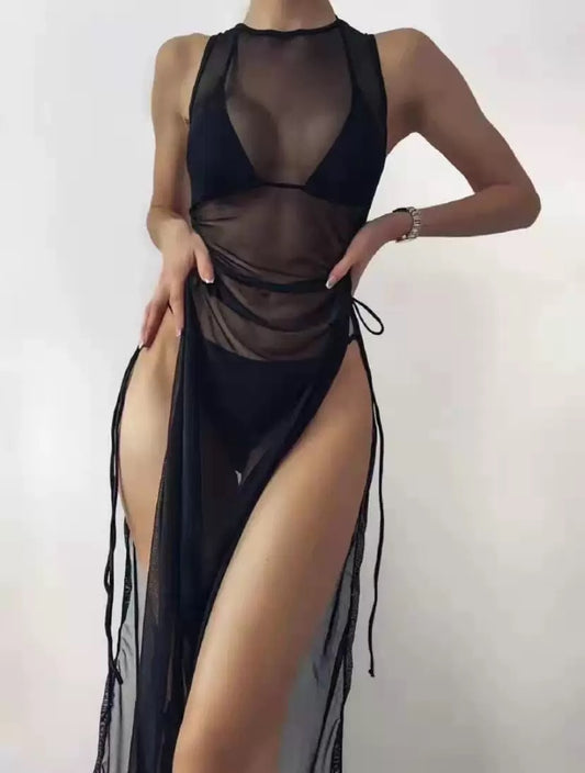 Solid Color Bikini Swimsuit + Mesh Double High Slit Lace-Up Women's 3-Piece Swimwear Set