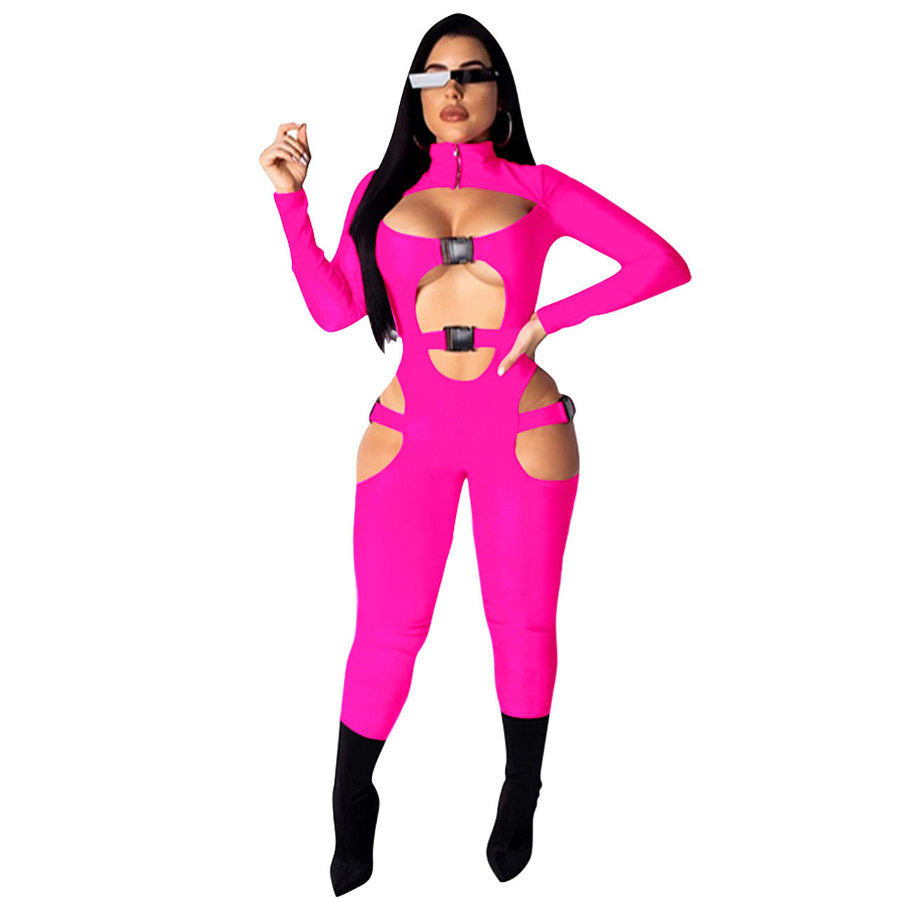 Sexy Hollow-Out Long Sleeve Solid Color Women's Skin Tight Jumpsuit