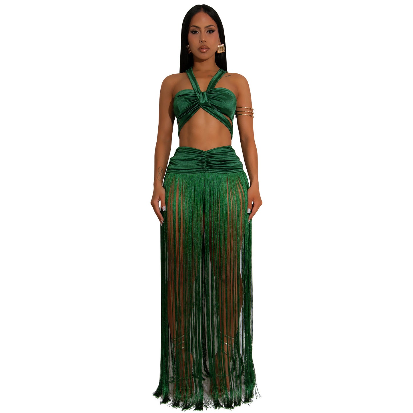 Sleeveless Criss-Cross Back Crop Top + Tassel Fringe Maxi Skirt Women's 2-Piece Set